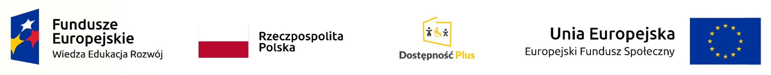 Zestaw logotypów: Fundusze Europejskie Wiedza Edukacja Rozwój, Rzeczpospolita Polska, Dostępność Plus, Unia Europejska Europejski Fundusz Społeczny